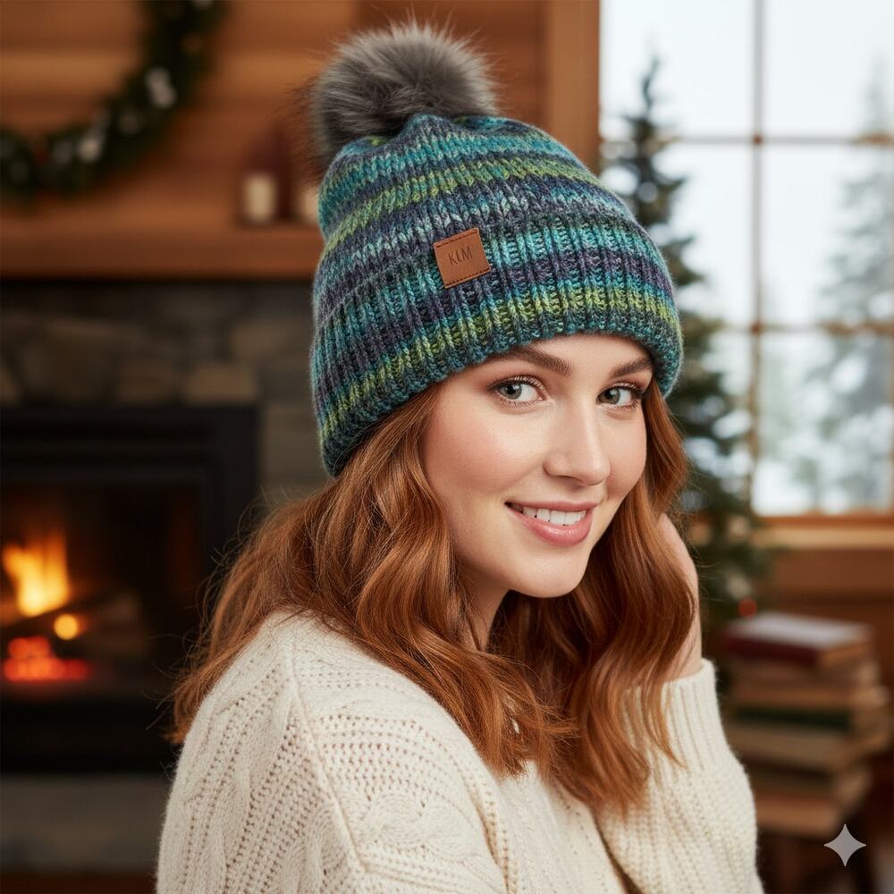 KLM Knit Beanie Hat Multi Color Blue Green Faux Fur Pom Slouchy Winter Ski Gift